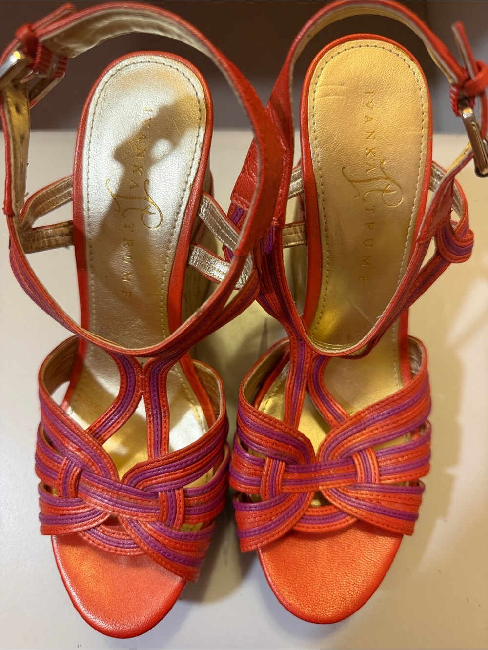 Ivanka Trump Orange and Purple Strappy Knot Heels